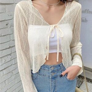 Sheer Tie-Front Cream Lace Cardigan - Women's Top